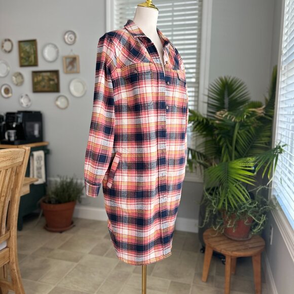 Duluth Trading Flannel Folklore Duster in Pink / Navy / Yellow Sz XL - Picture 3 of 14